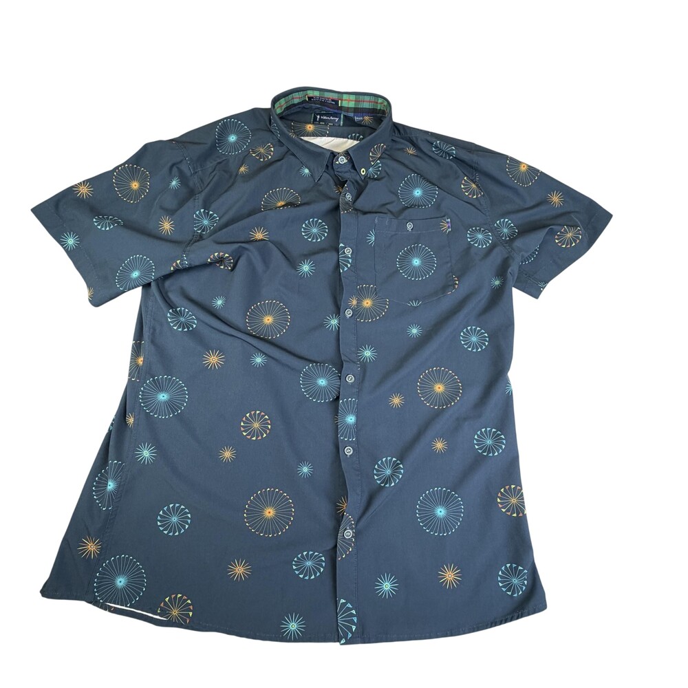 William Murray Shirt Mens XL Blue Fireworks Golf Print Short Sleeve Button Front
